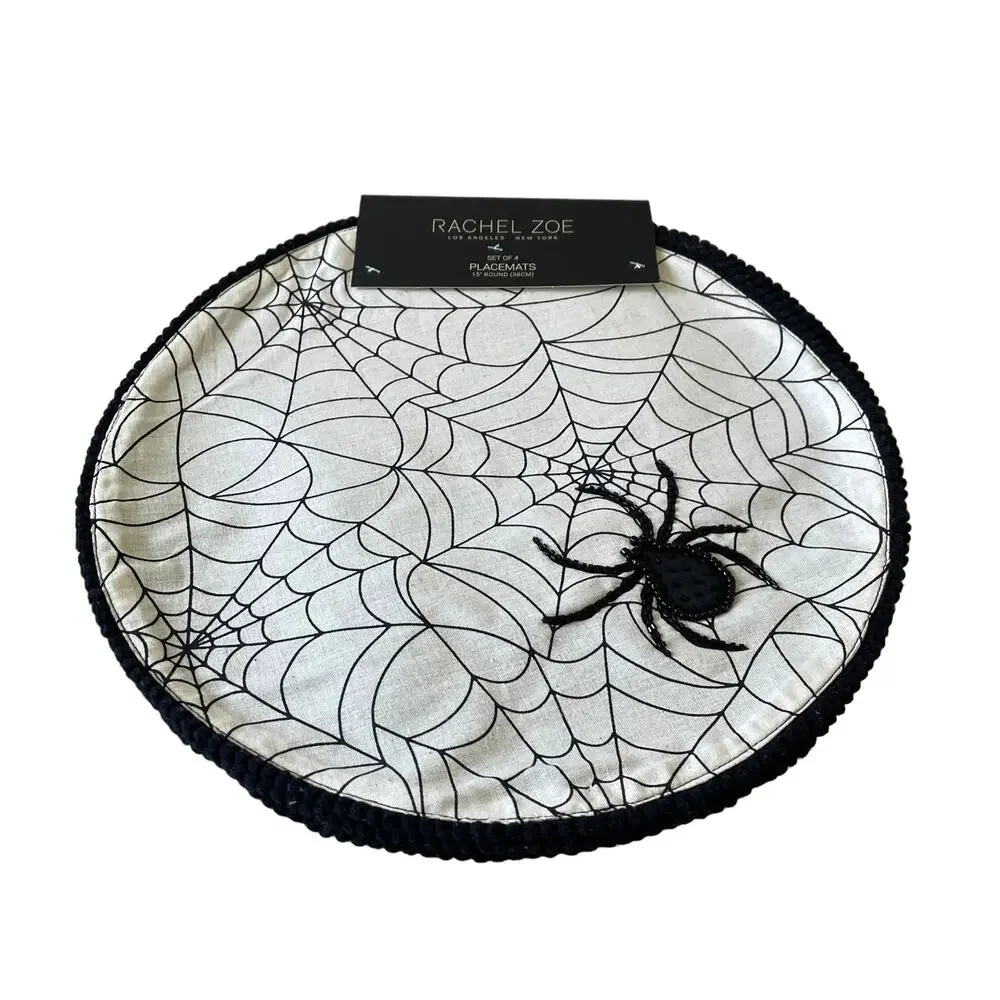 Rachel Zoe Halloween Spider Web with Beaded Spider Placemats 15in Set of 4 NEW